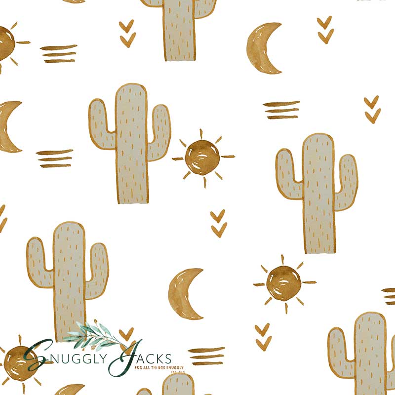 Snuggly Jacks 100% cotton in a print of brown, green cactus, suns and moons.
