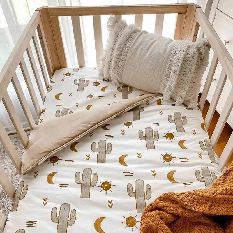 Baby cot doona made from oeko-tek cotton, sage, brown and white print. Perfect for most sized cots available in Australia