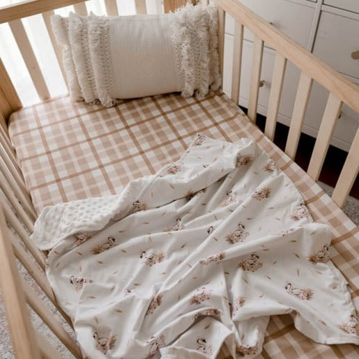 Pine cot set with a cotton fitted sheet and minky blanket