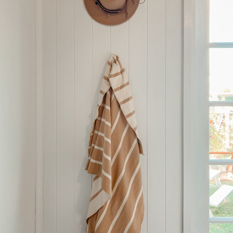 Breathable Organic Knitted Blanket - Snuggly Jacks Warmth in Toffee Stripe