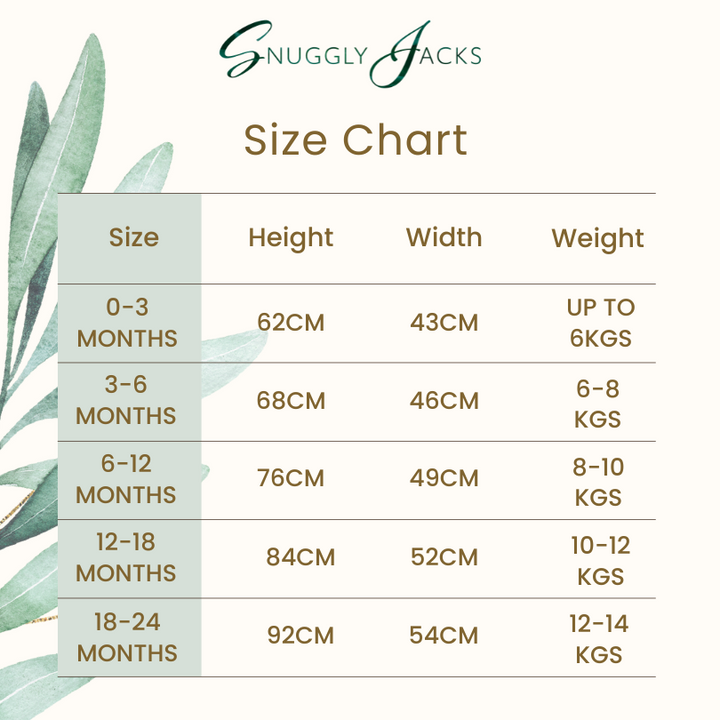 Snuggly Jacks Onesies Size Guide