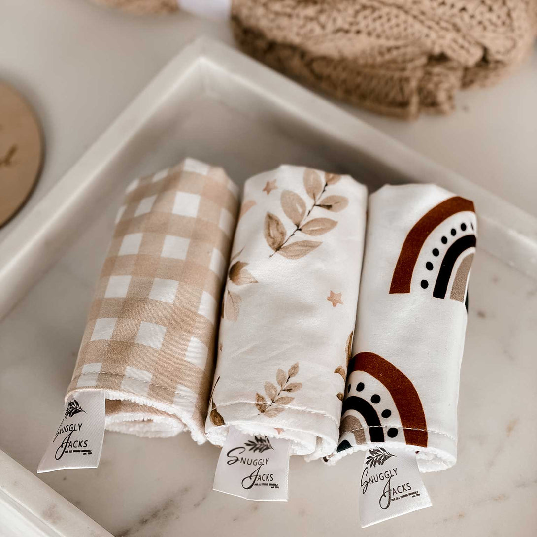 Soft and organic baby wash cloths from Snuggly Jacks - mystery boys pack.