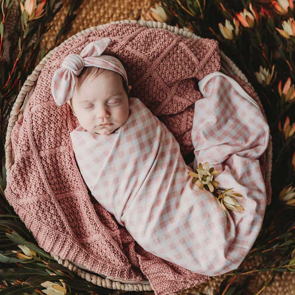 Peachy Pink Gingham Jersey Swaddle Stretch Wrap & Top Knot